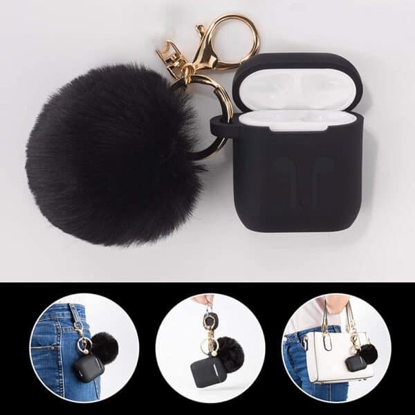airpods faux fur ball case cover with keychain (3)
