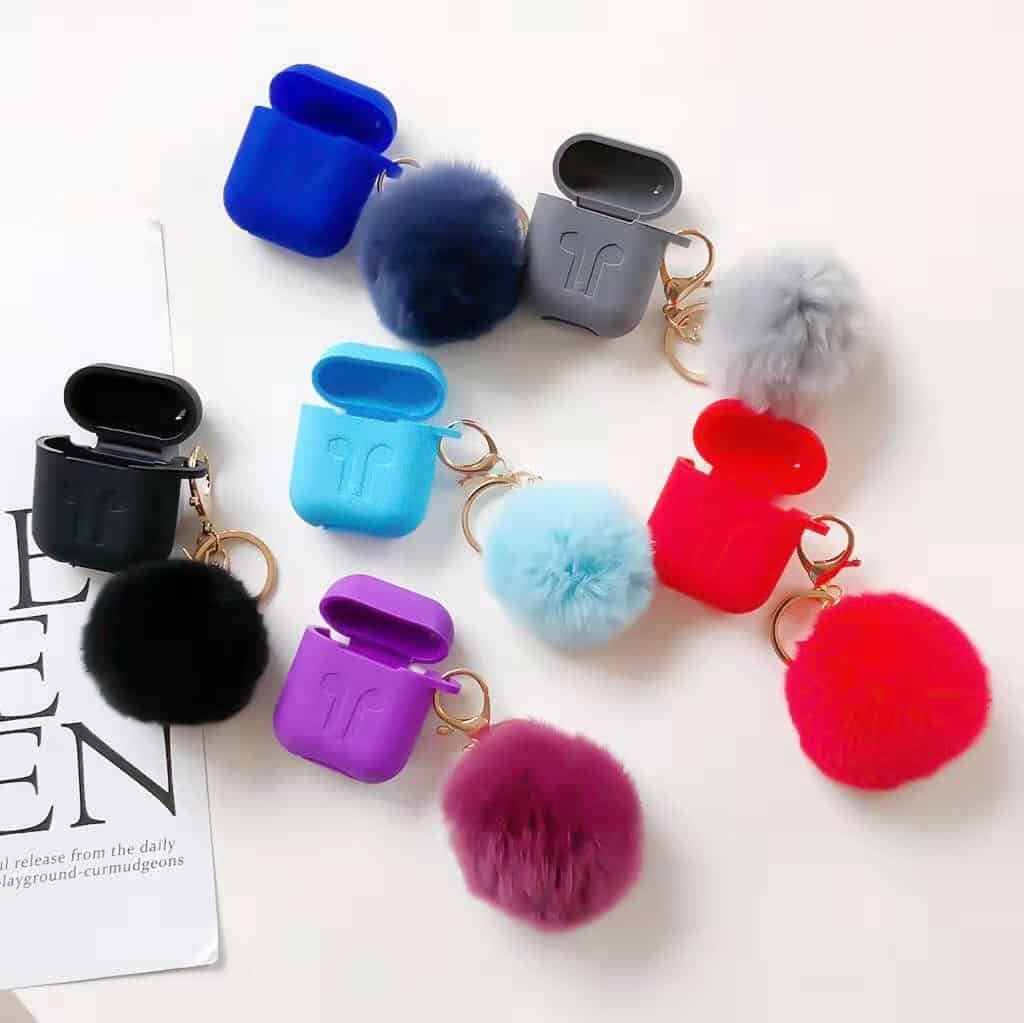 airpods faux fur ball case cover with keychain (4)
